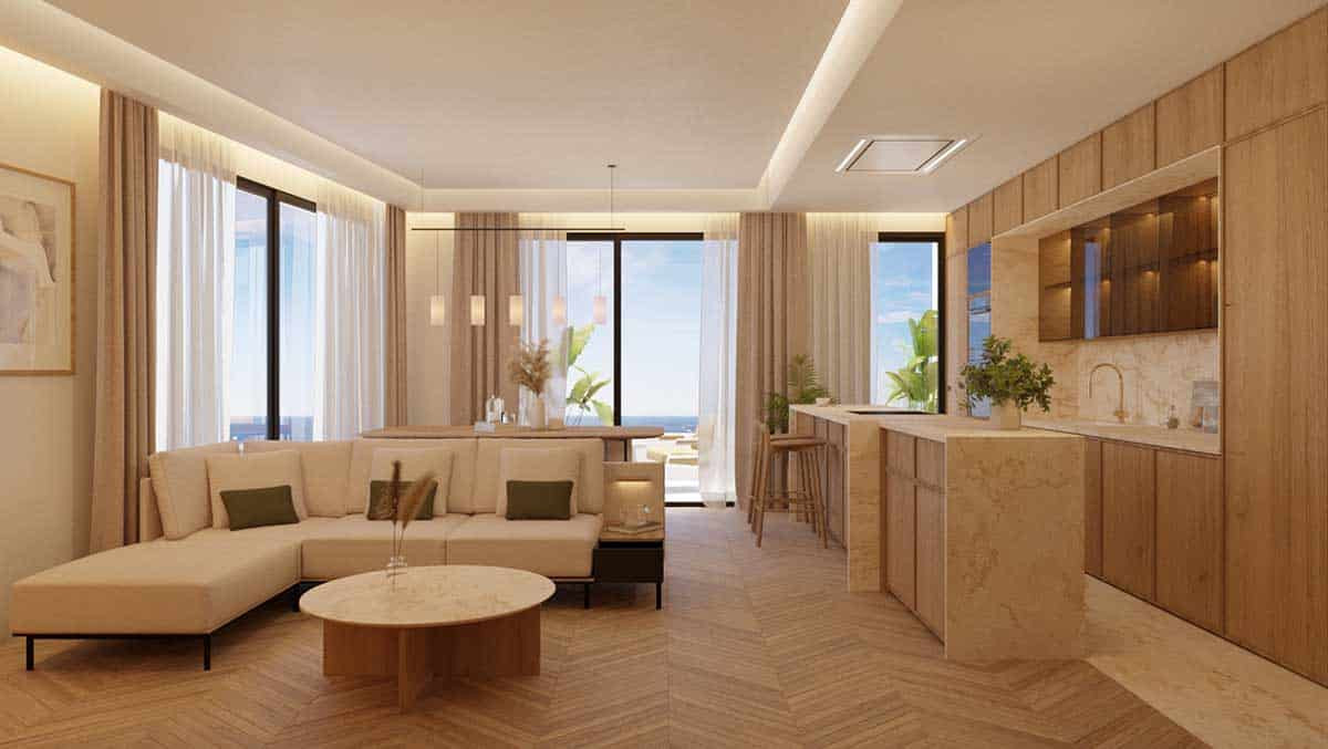 Spacious modern living room with wooden accents, ocean views, and a stylish kitchen in a bright, airy design.