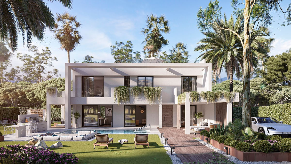 Modern villa with lush landscaping, pool, and palm trees in a serene outdoor setting. Ideal for relaxation and entertaining.