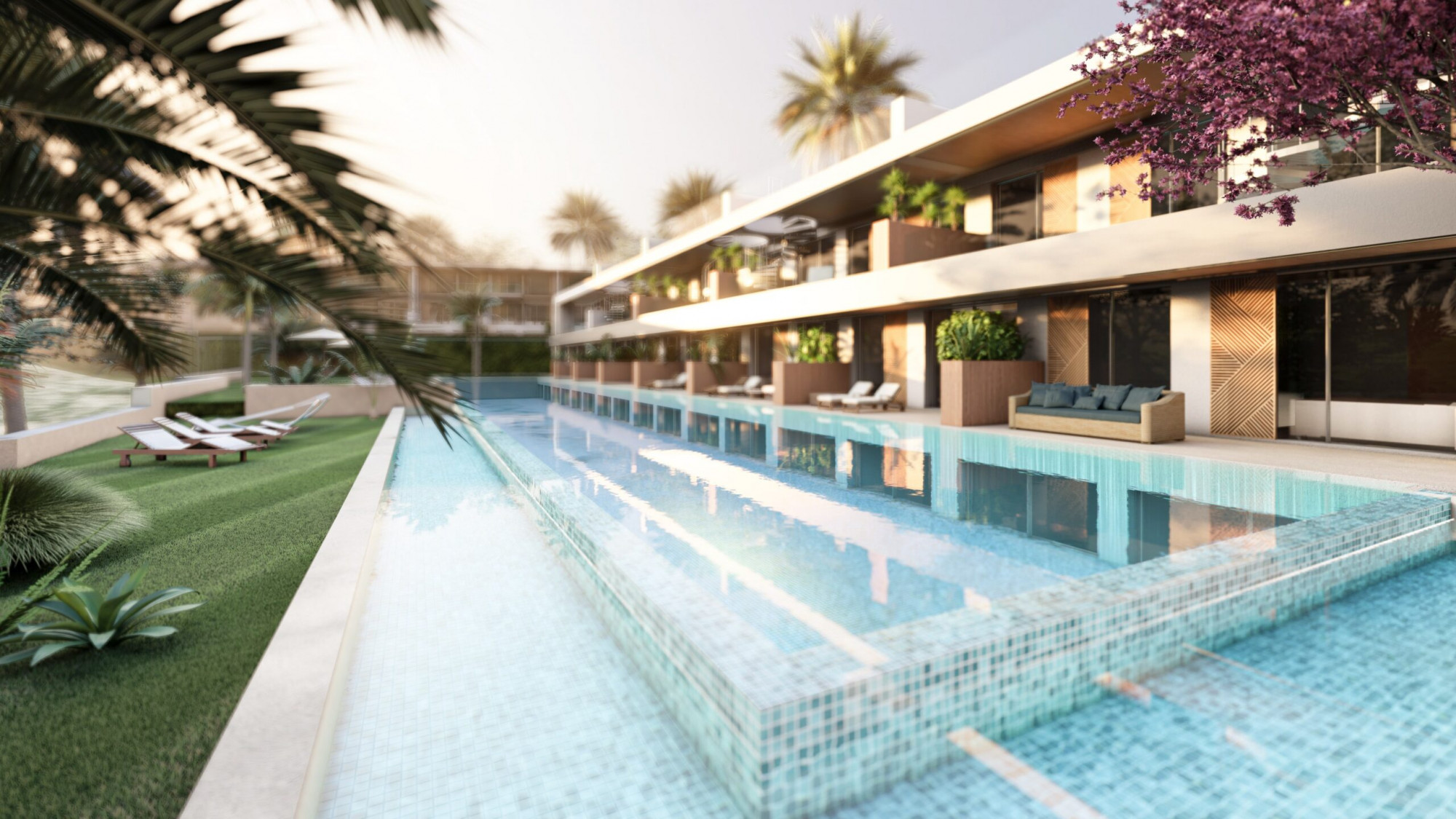 Modern villa with sleek design, infinity pool, and lush landscaping in a tropical setting.