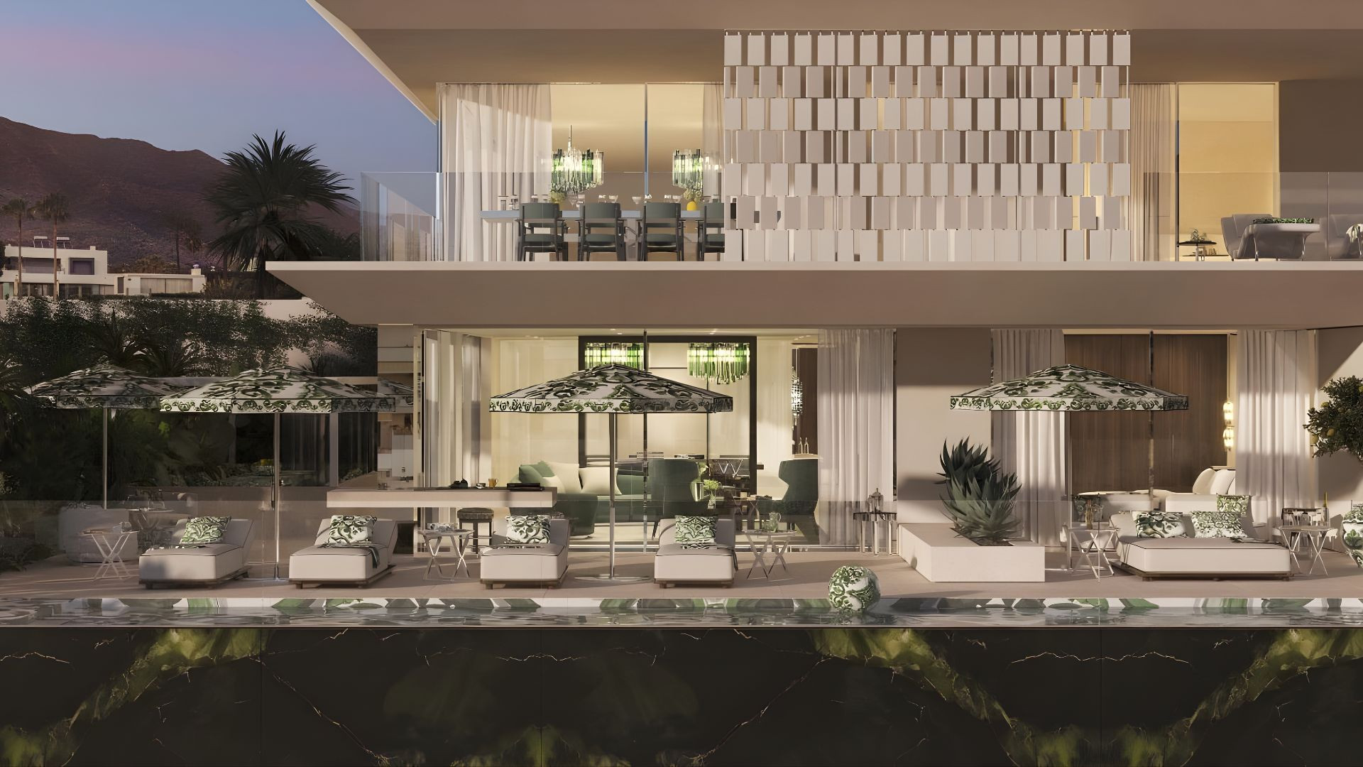 Modern villa with expansive terrace, luxury seating, and umbrellas, set against a scenic mountain backdrop.