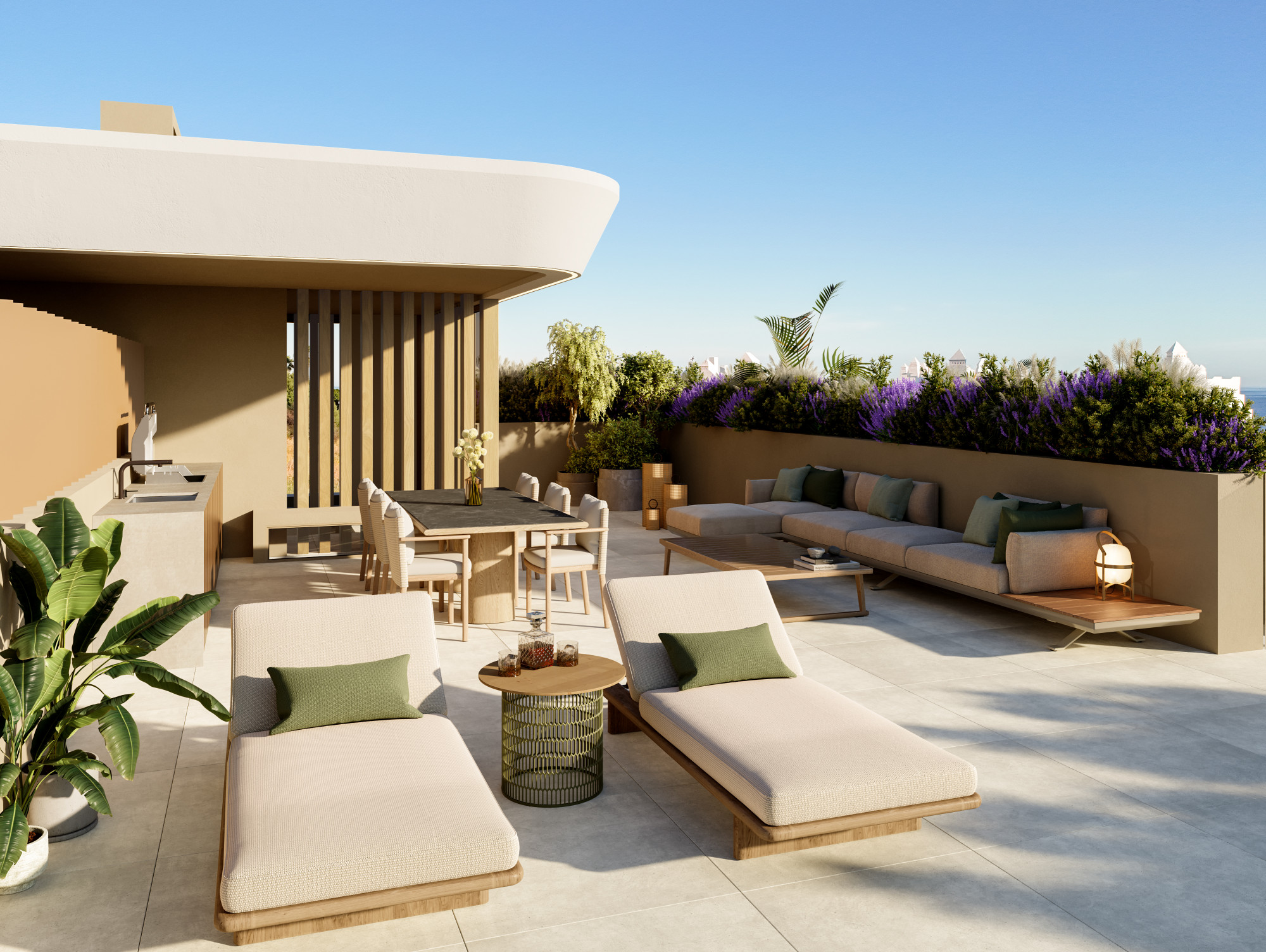 Spacious rooftop terrace with lounge chairs, dining area, and lush greenery against a clear blue sky.